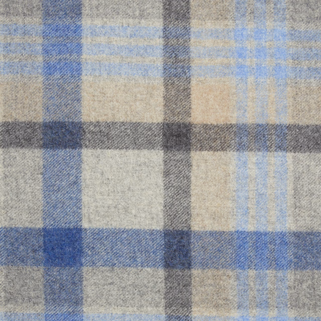 Large plaid textile in denim blue, silver-grey, cream and beige with a soft woven texture