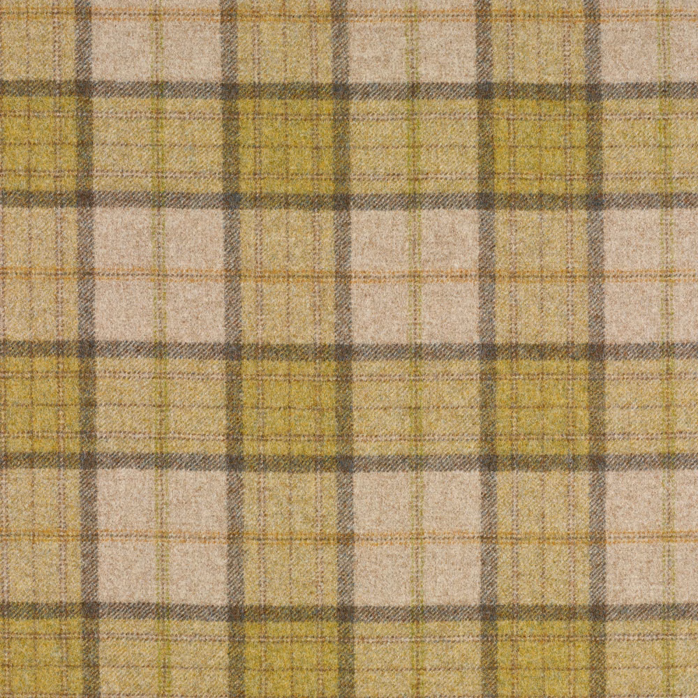 Muted lichen olive plaid fabric with oatmeal checks and taupe woven bands