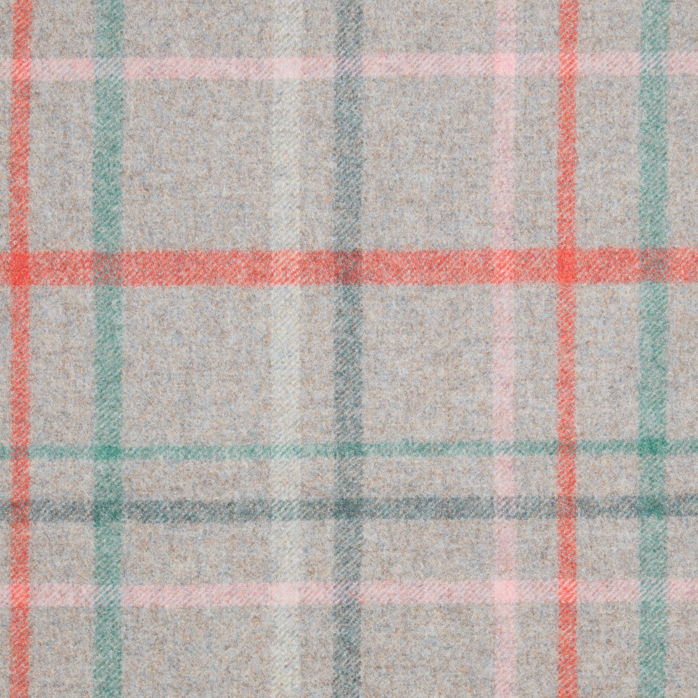 Aqua and flamingo-coral checked textile with soft pink lines and flecked weave