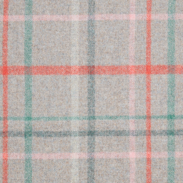 Aqua and flamingo-coral checked textile with soft pink lines and flecked weave