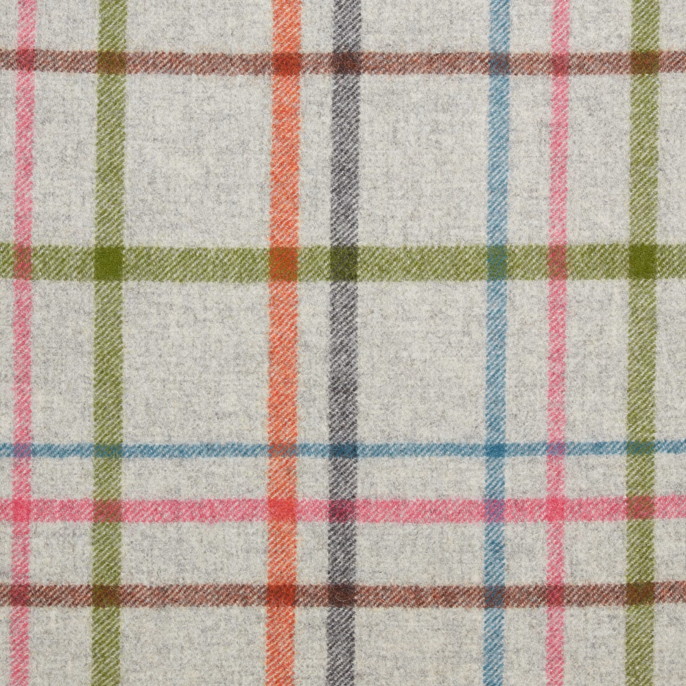 Pale grey plaid with olive, coral, blue, pink and charcoal woven stripes