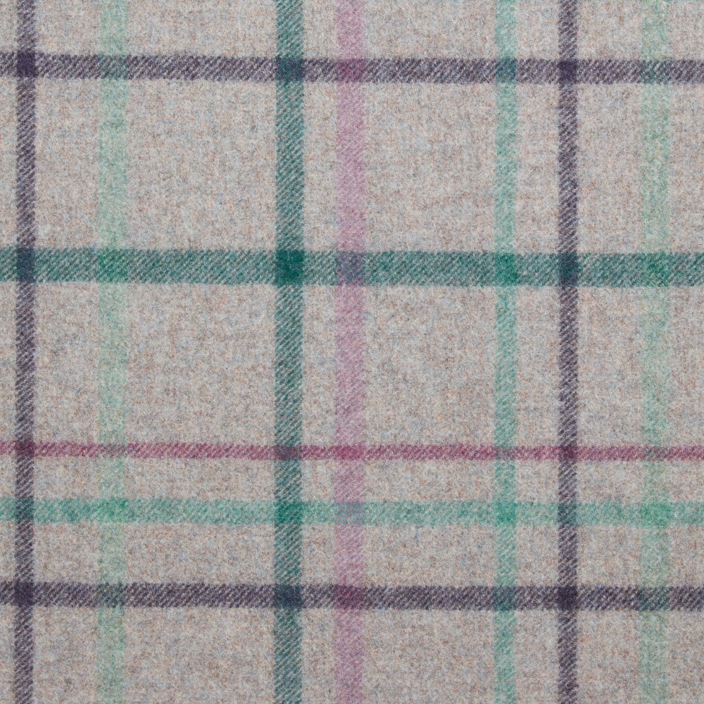 Heathered grey-beige plaid with muted teal, mauve and charcoal woven lines