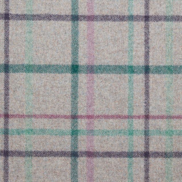 Heathered grey-beige plaid with muted teal, mauve and charcoal woven lines