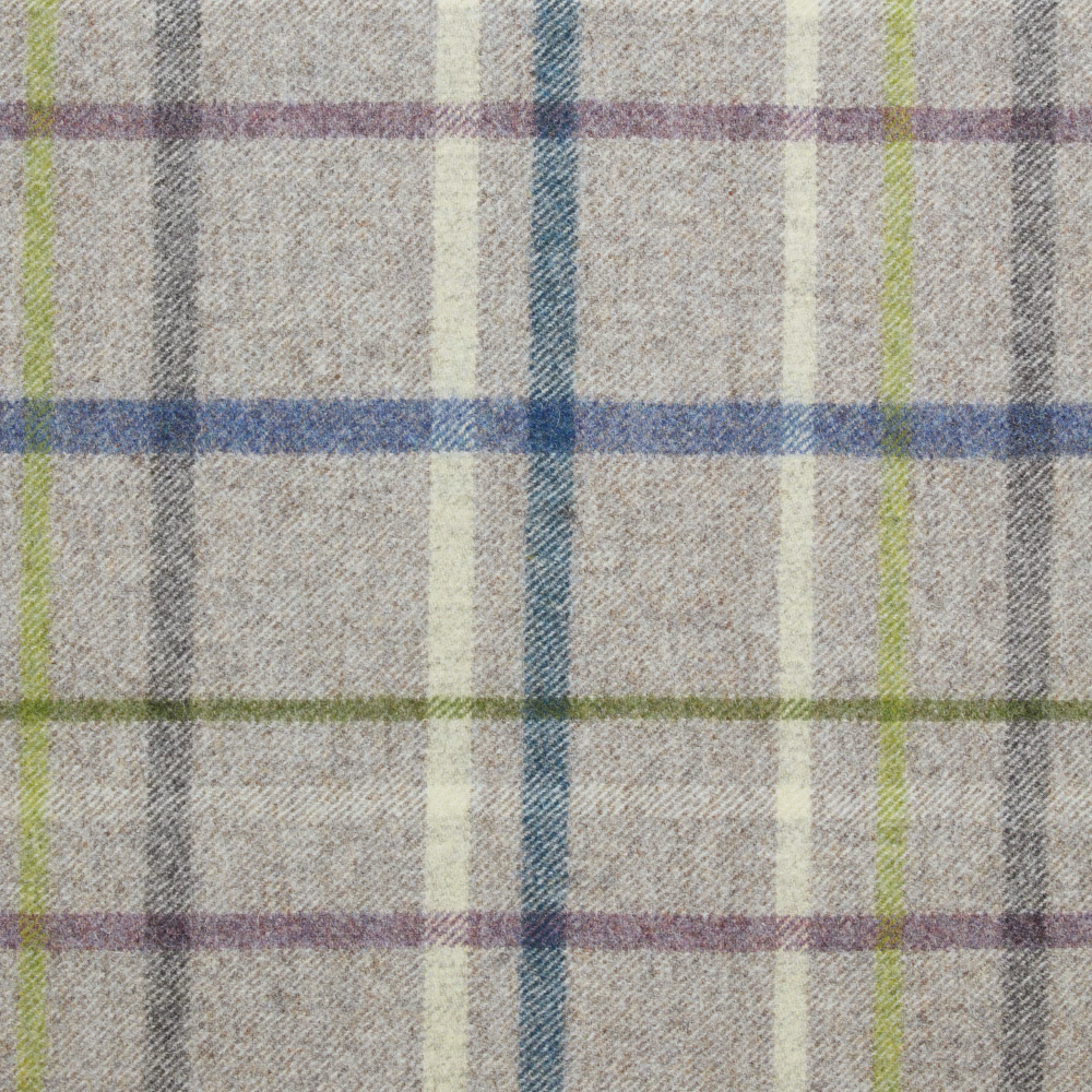 Cool mid-grey woven check with cream, blue, teal, purple and lime stripes