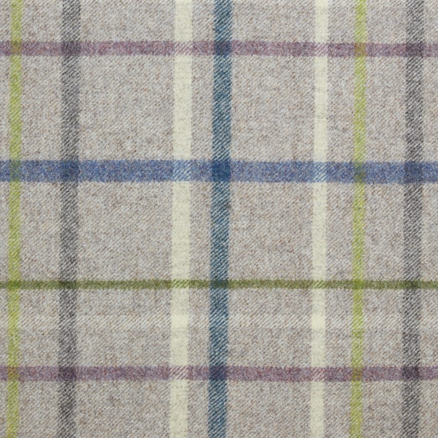 Cool mid-grey woven check with cream, blue, teal, purple and lime stripes