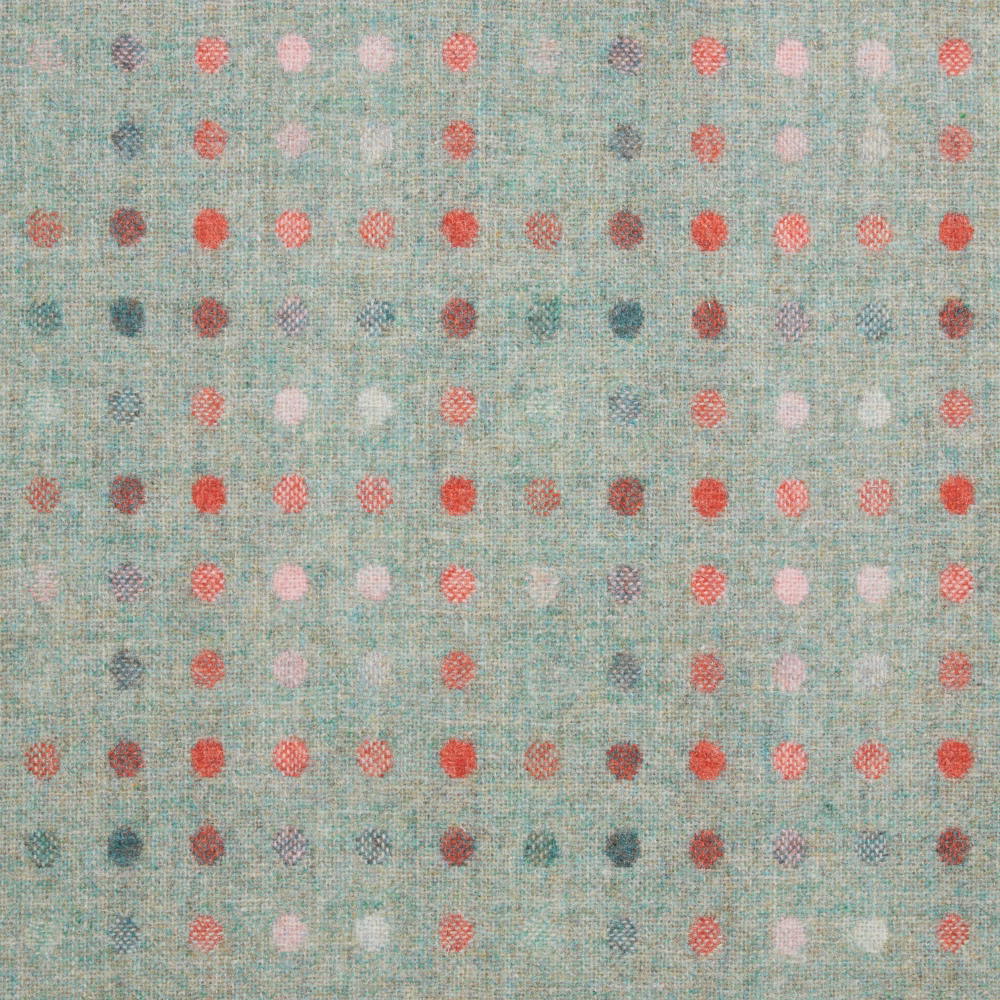 Textured aqua fabric with rows of small coral, pink, plum and grey spots