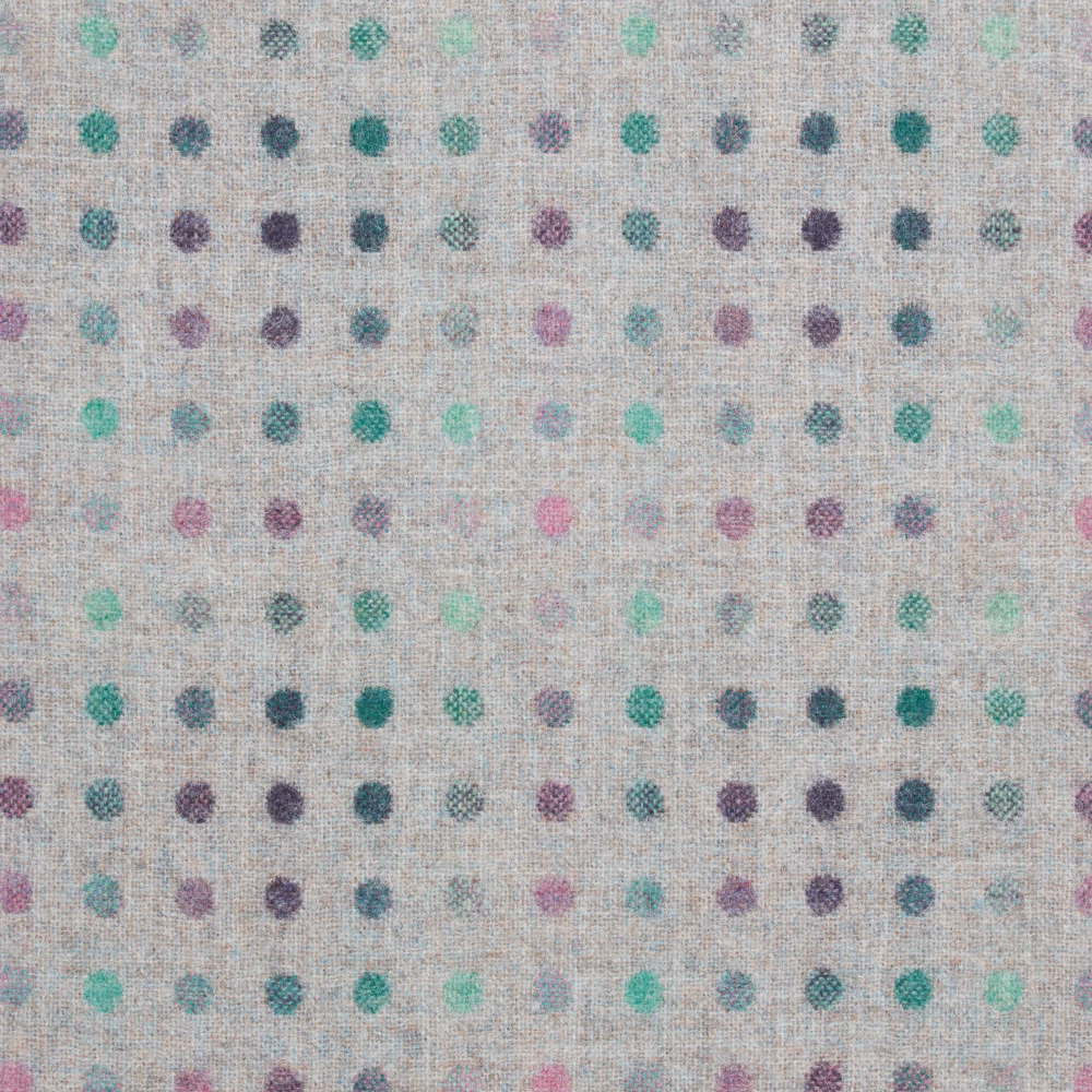 Heather woven fabric with small rows of teal, mint, plum and pink spots