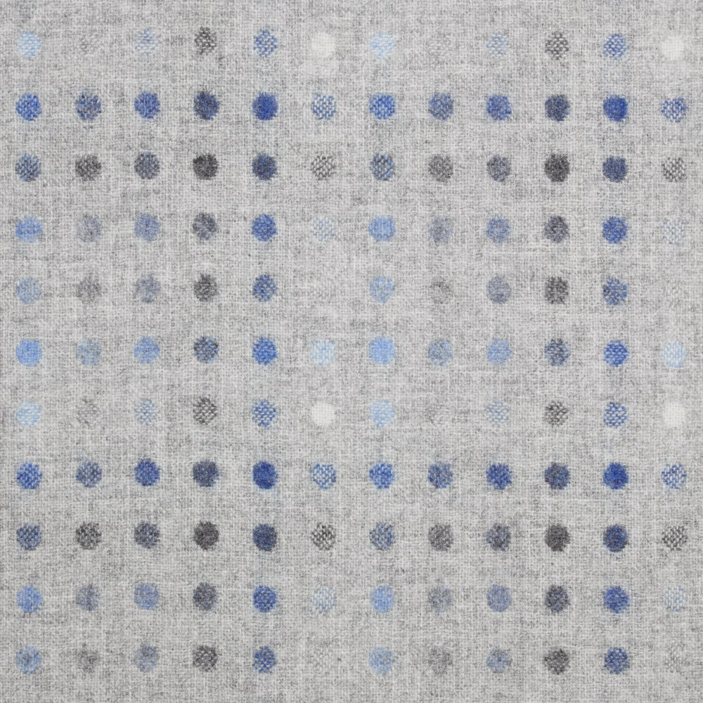 Silver-grey woven textile with denim-blue, charcoal and pale blue spots in rows