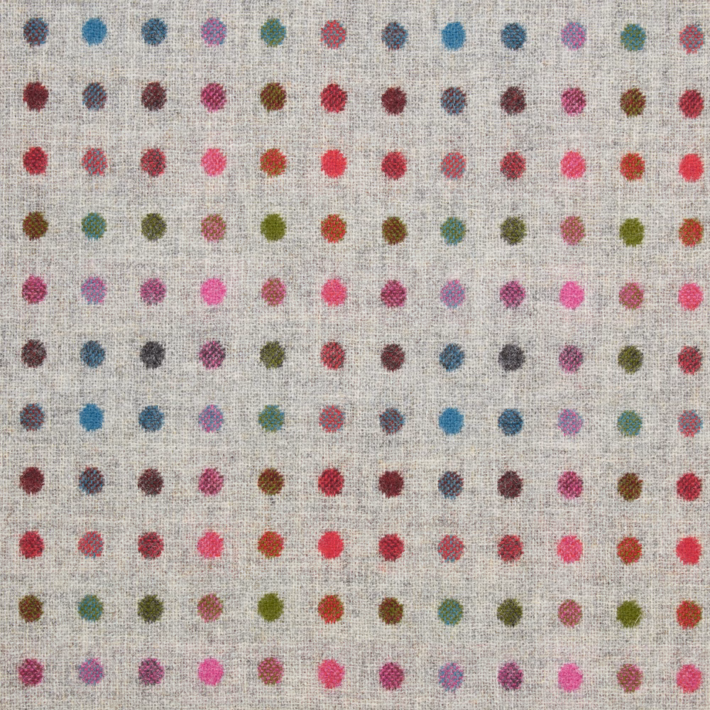 Silver woven ground with neat rows of pink, blue, green and red spots