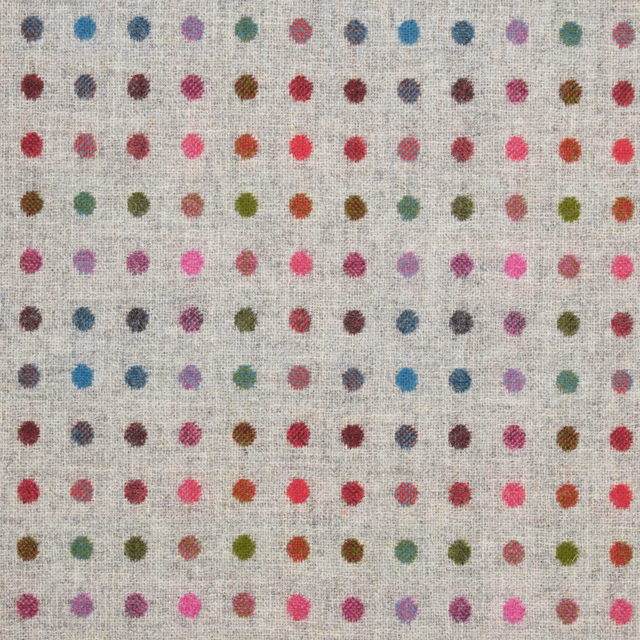 Silver woven ground with neat rows of pink, blue, green and red spots