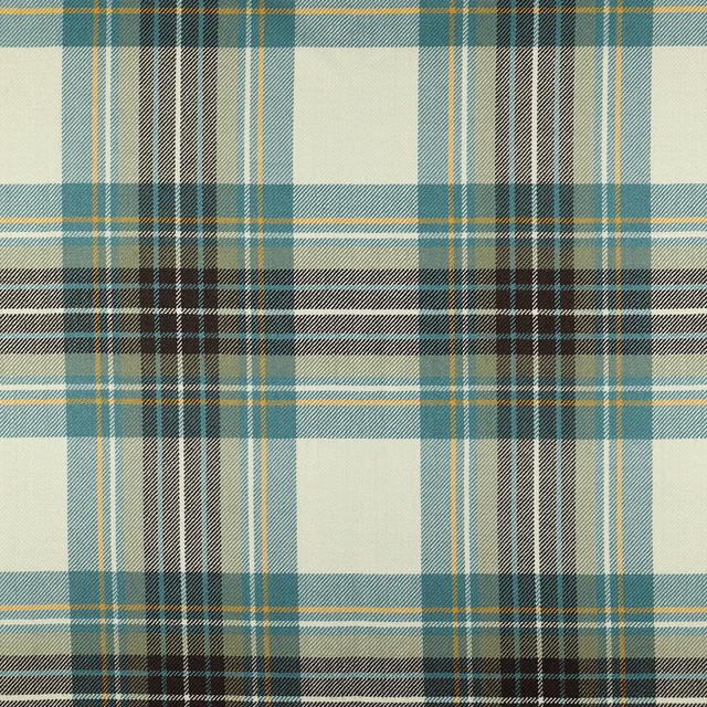 Muted blue and cream Stewart plaid with dark crossing bands and fine woven texture