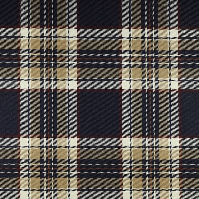 Deep navy plaid swatch with cream, taupe and fine burgundy woven lines