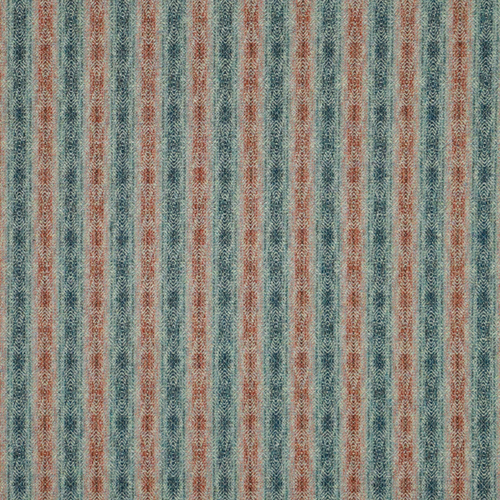 Textured aqua fabric with narrow rust stripes and small geometric motifs