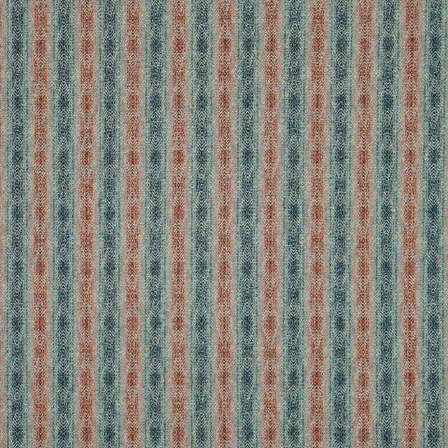 Textured aqua fabric with narrow rust stripes and small geometric motifs