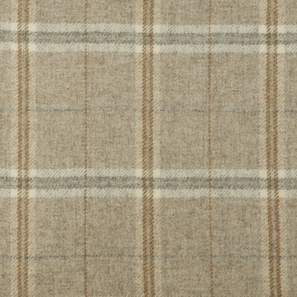 Natural oat-beige plaid fabric with muted grey bands and softly flecked woven texture
