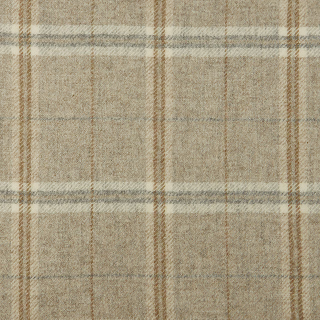 Natural oat-beige plaid fabric with muted grey bands and softly flecked woven texture