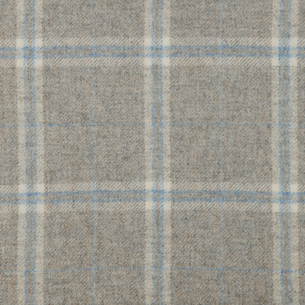 Cool grey-beige woven plaid with pale blue windowpane lines and soft texture