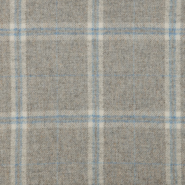 Cool grey-beige woven plaid with pale blue windowpane lines and soft texture