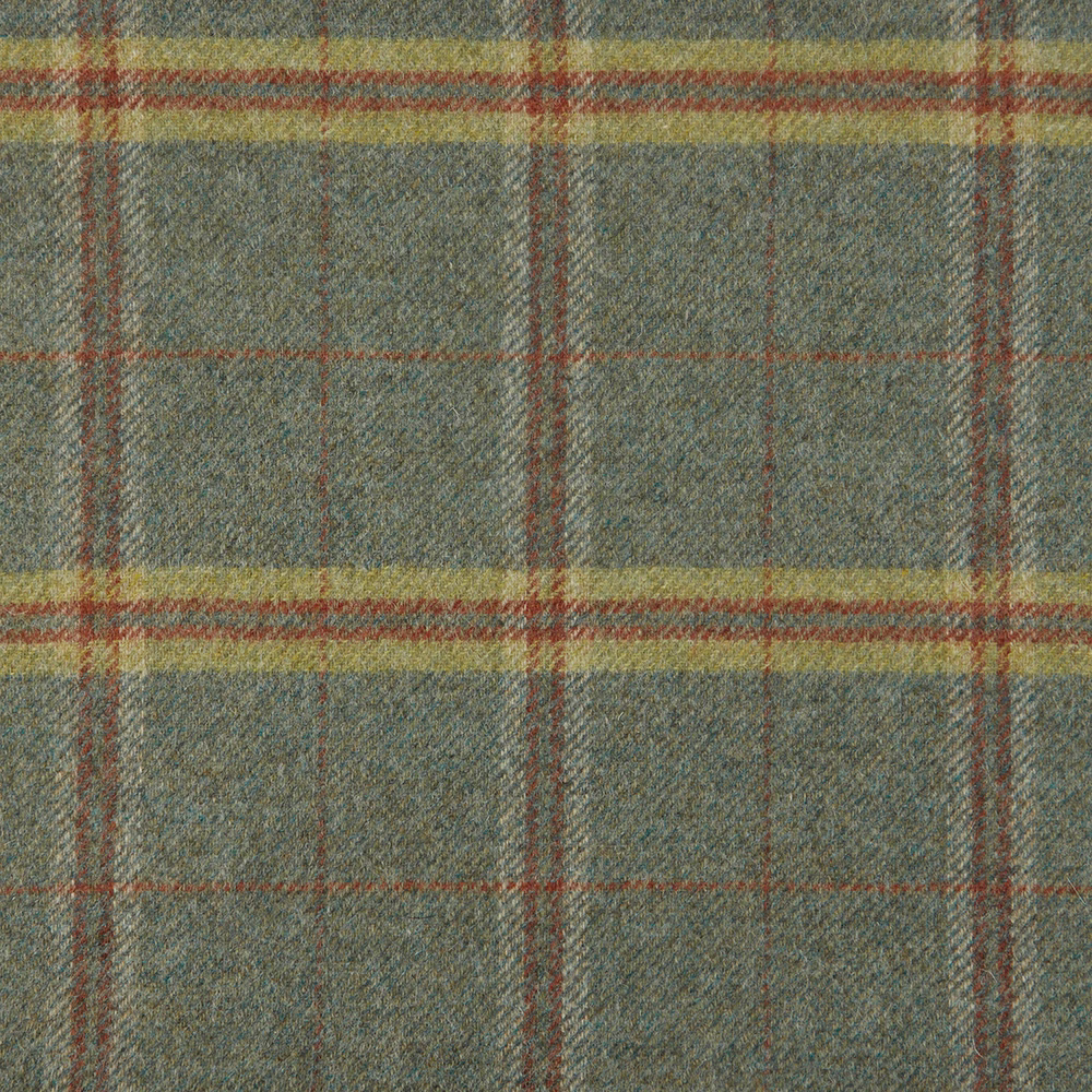 Blue-green teal woven plaid with mustard and rust-red windowpane lines