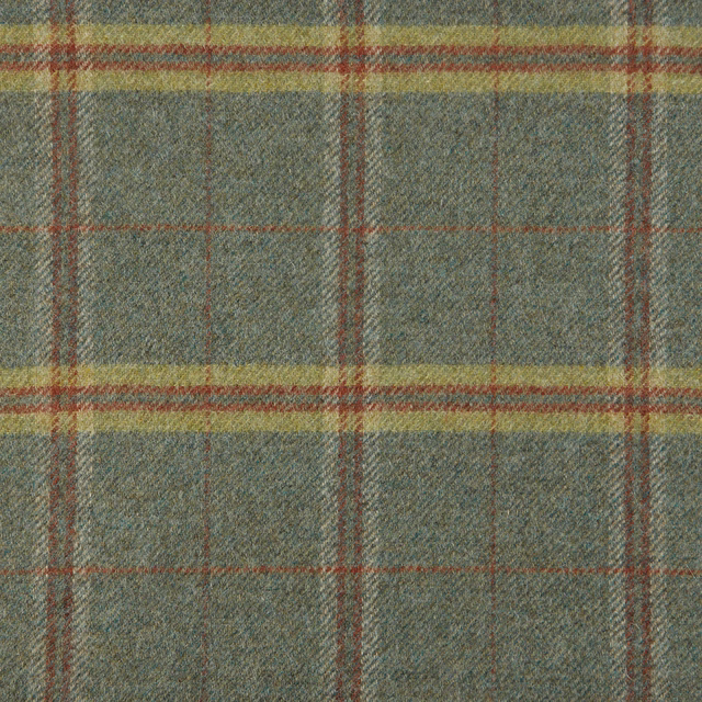 Blue-green teal woven plaid with mustard and rust-red windowpane lines
