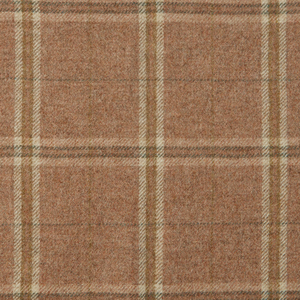 Warm terracotta plaid fabric with cream and muted olive lines, close-up