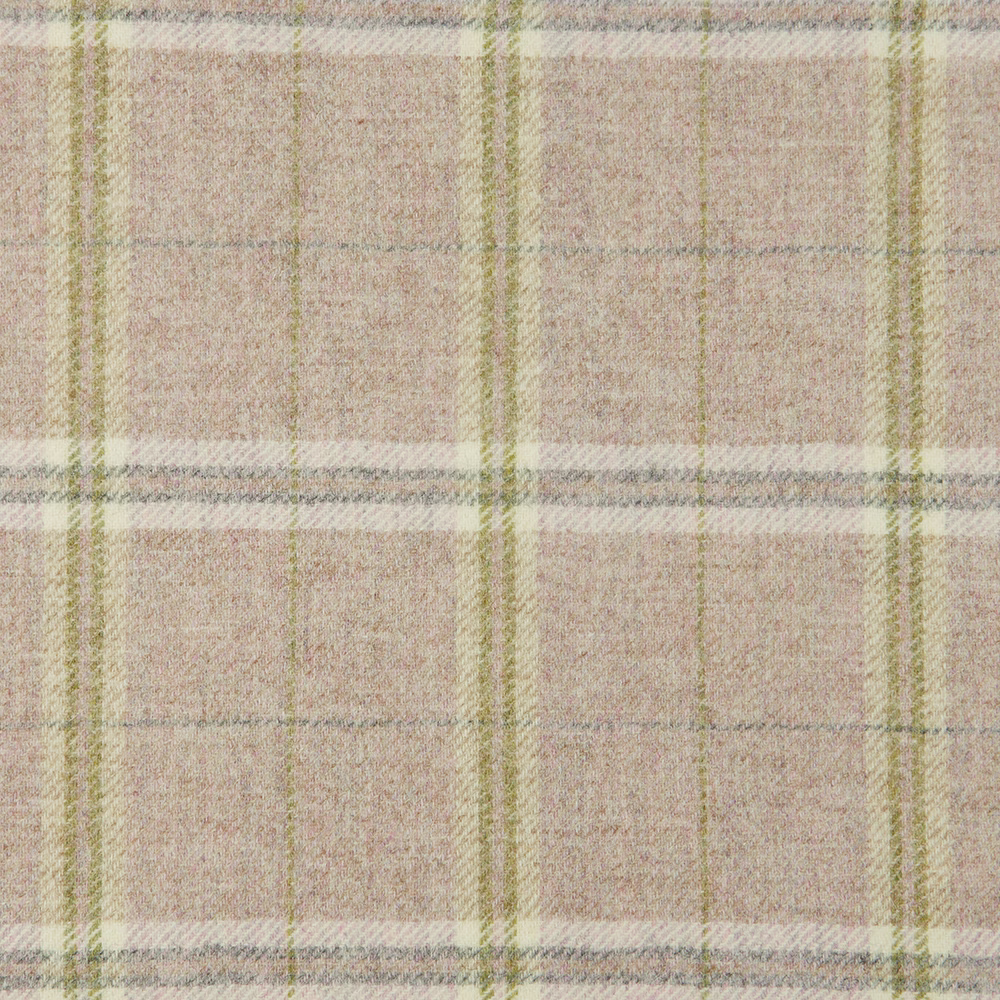 Pale blush-pink woven plaid with olive and blue-grey lines