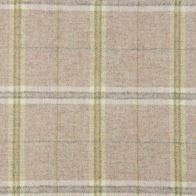 Pale blush-pink woven plaid with olive and blue-grey lines
