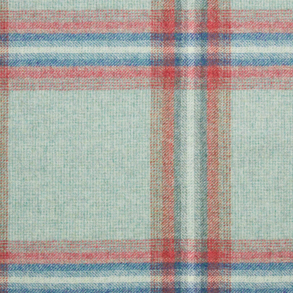 Pale aqua plaid with coral and blue bands in a softly nubby woven texture