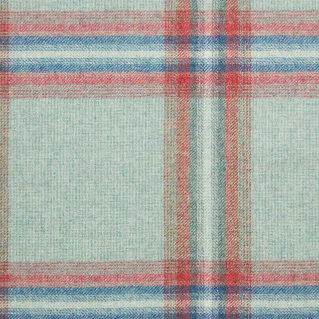 Pale aqua plaid with coral and blue bands in a softly nubby woven texture
