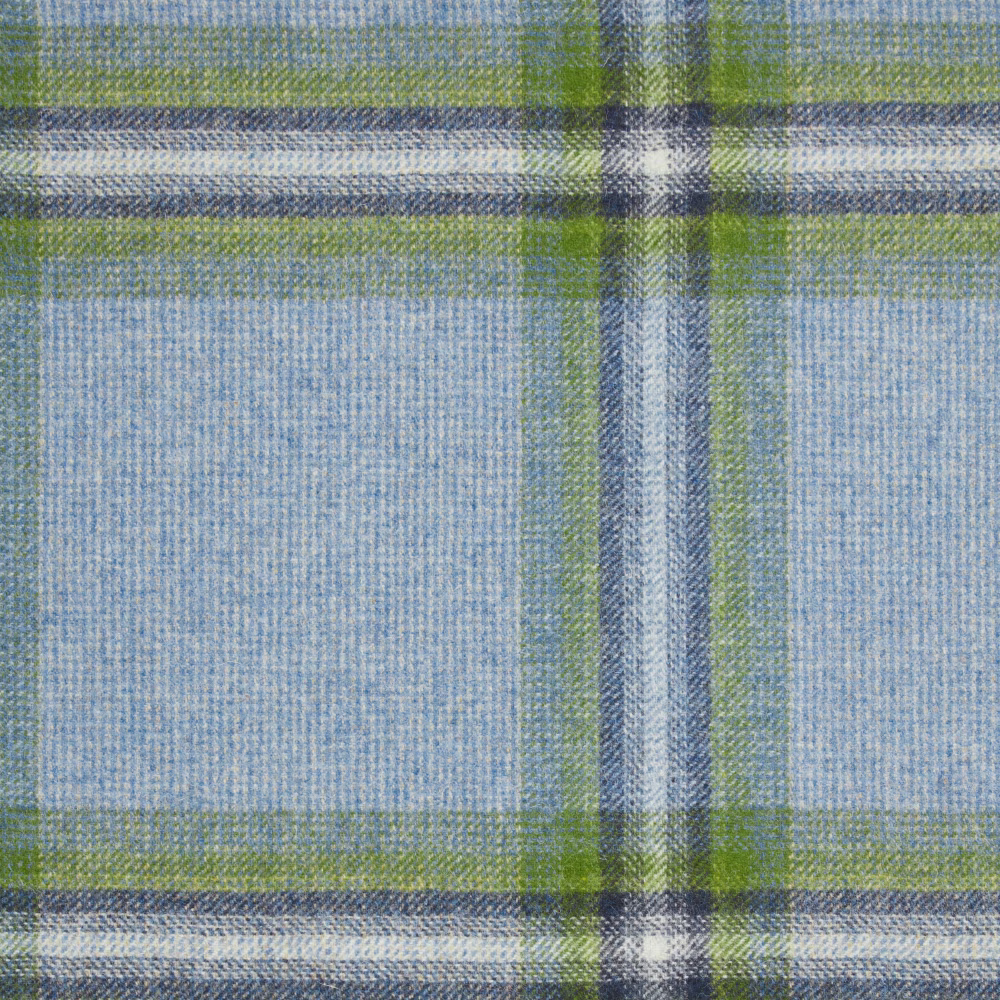 Misty blue woven plaid with olive-green lines, white crossbars and deep blue accents