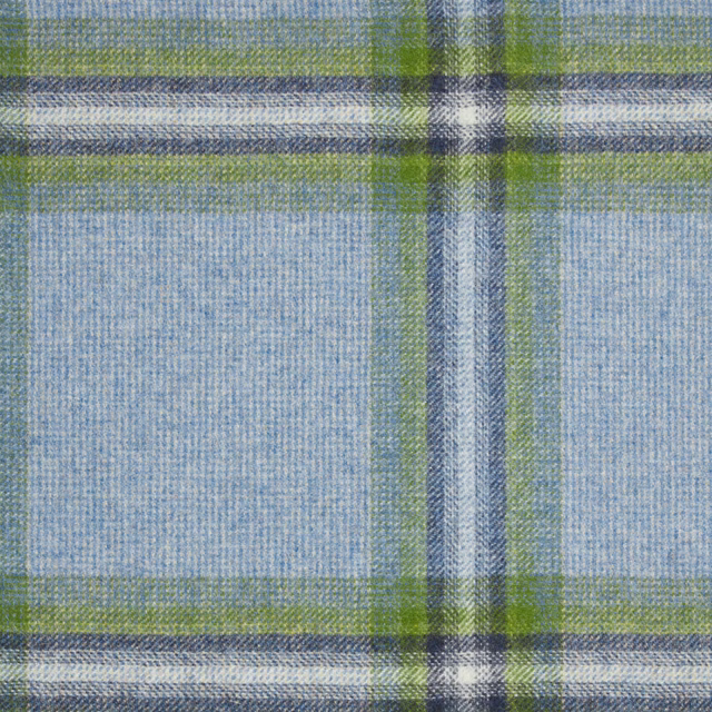Misty blue woven plaid with olive-green lines, white crossbars and deep blue accents