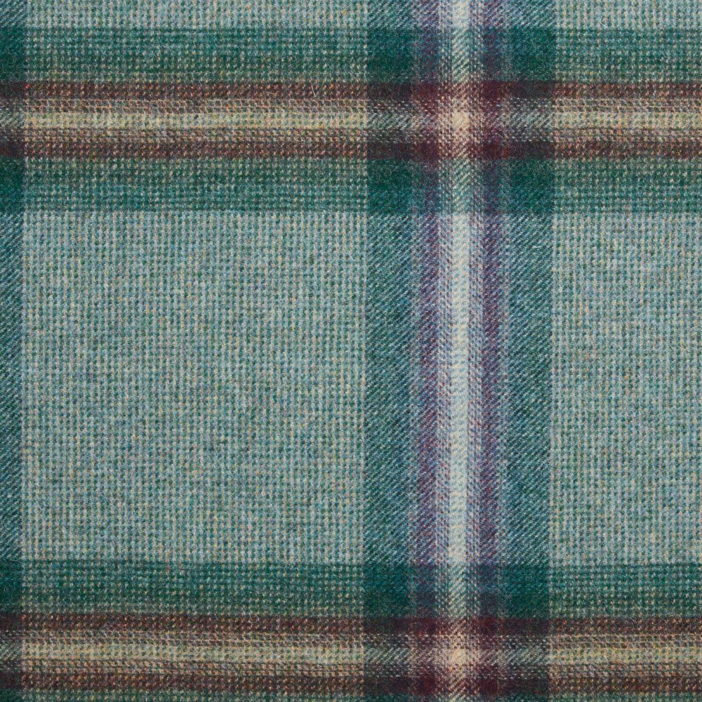 Deep petrol plaid with sage ground, teal bands and plum-burgundy cross stripes
