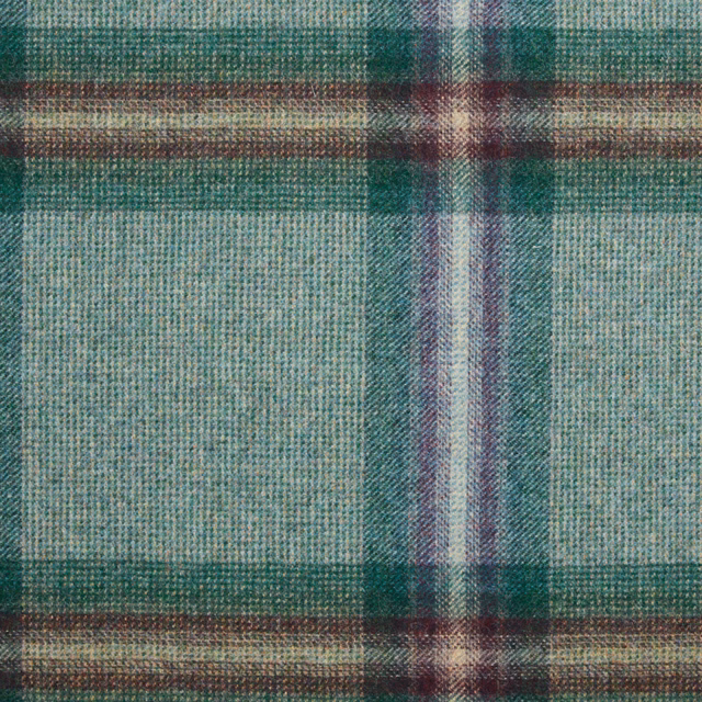 Deep petrol plaid with sage ground, teal bands and plum-burgundy cross stripes