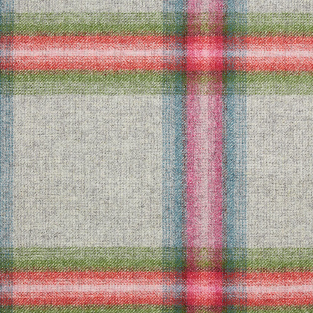 Silver-grey plaid with coral, pink, green and blue woven bands