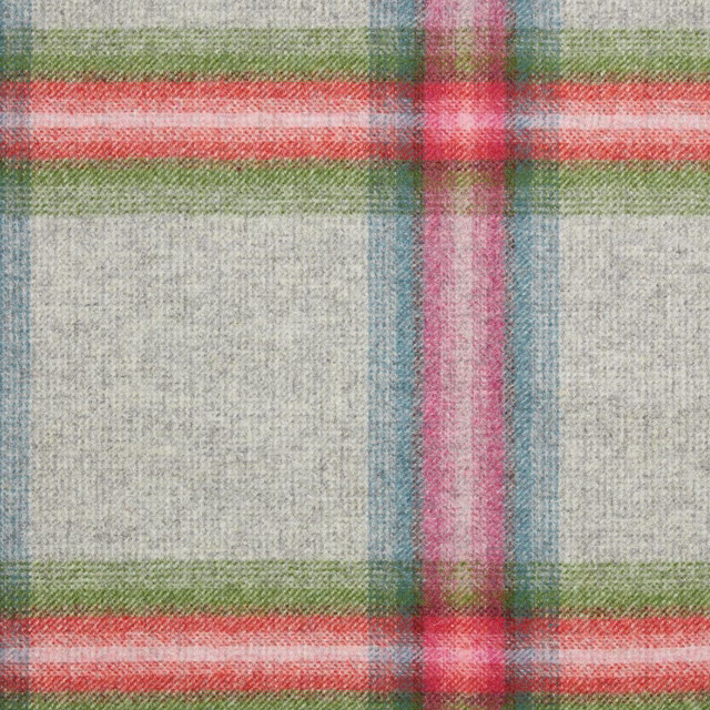 Silver-grey plaid with coral, pink, green and blue woven bands