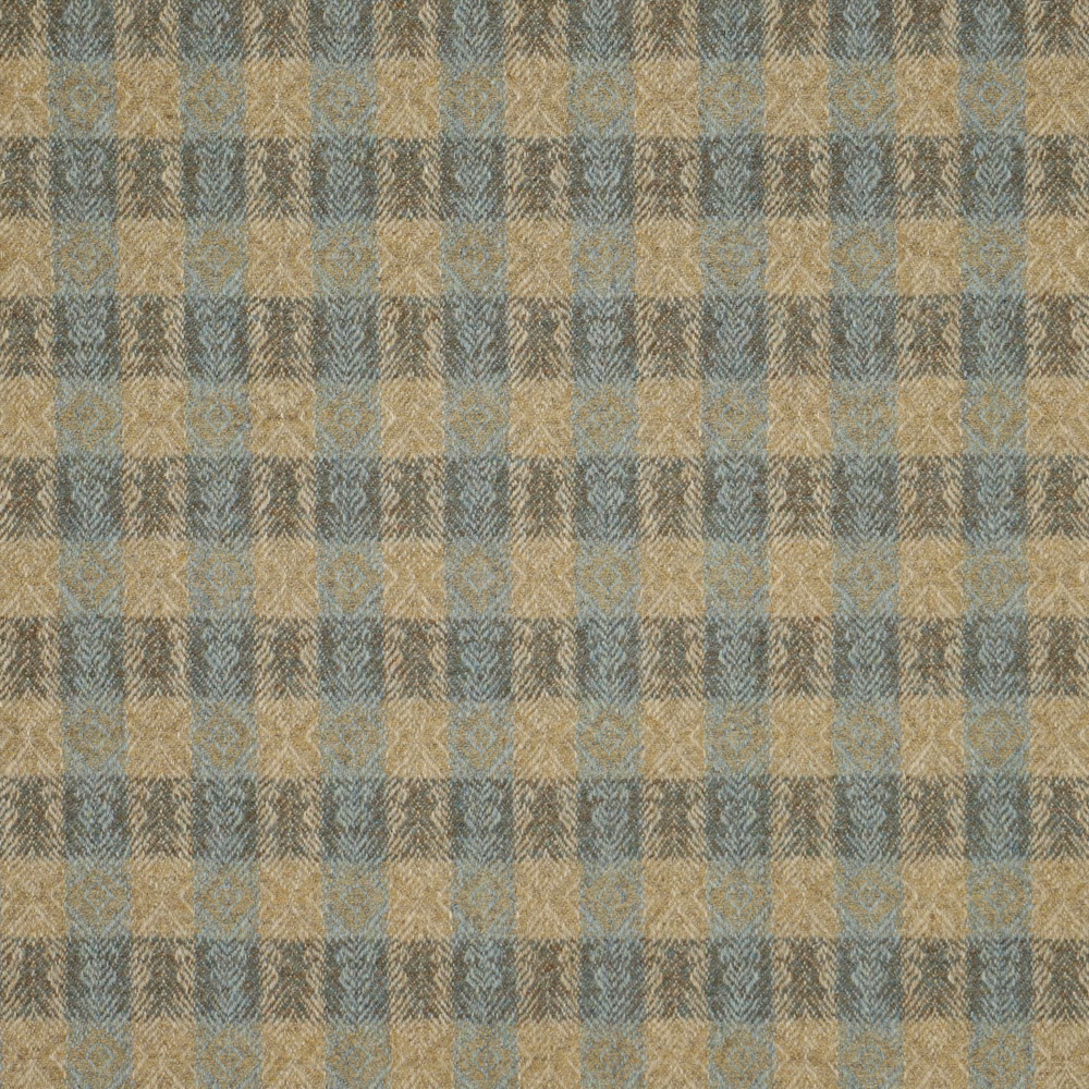 Muted aqua and rust checked woven textile with sandy tan, tactile surface