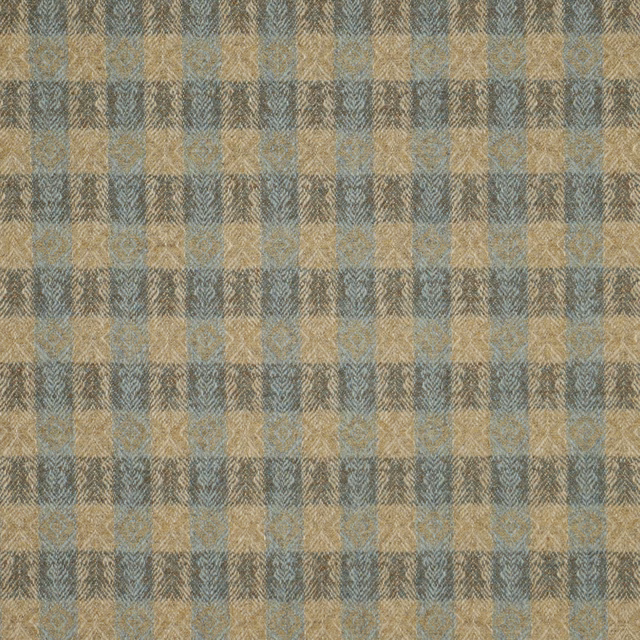 Muted aqua and rust checked woven textile with sandy tan, tactile surface