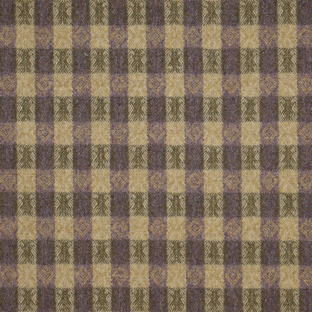 Muted lavender, olive and beige woven plaid with a softly textured surface