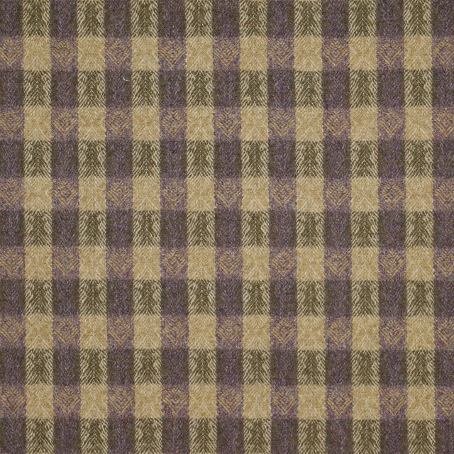 Muted lavender, olive and beige woven plaid with a softly textured surface
