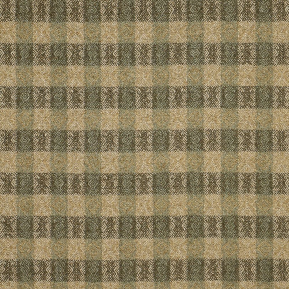 Muted sage and beige woven check with subtle russet tones and herringbone texture