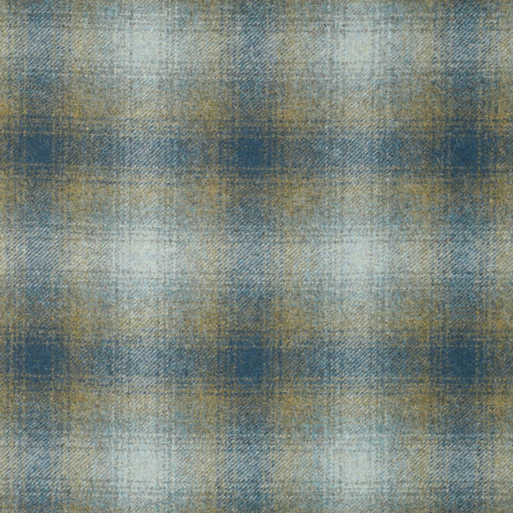 Muted teal and blue woven check with hazy grey and gold shading