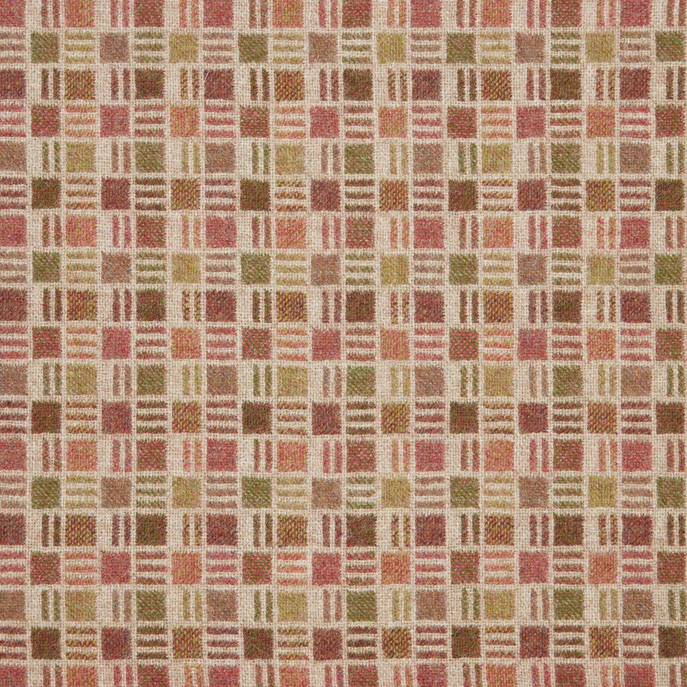 Warm gold geometric woven fabric with rust, olive and cream rectangular motifs