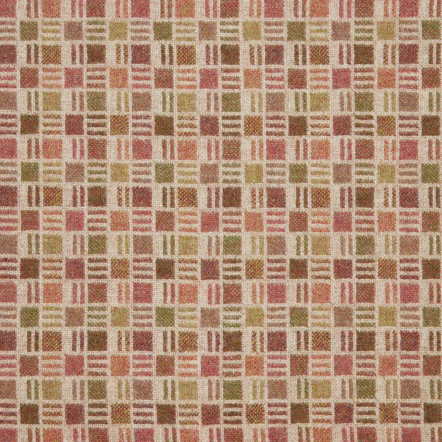 Warm gold geometric woven fabric with rust, olive and cream rectangular motifs