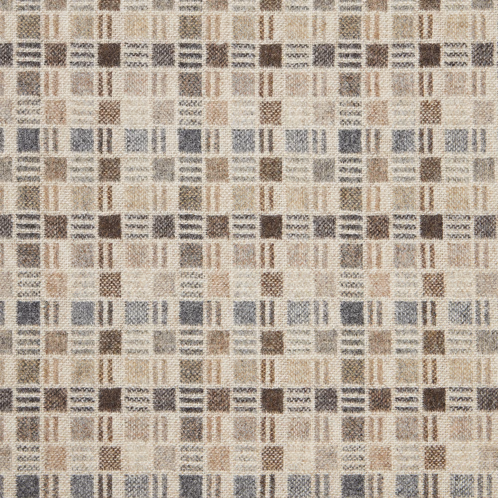 Warm natural woven check with charcoal, taupe, blue and brown geometric blocks.