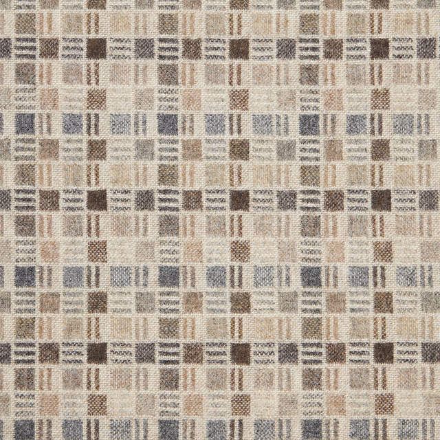 Warm natural woven check with charcoal, taupe, blue and brown geometric blocks.