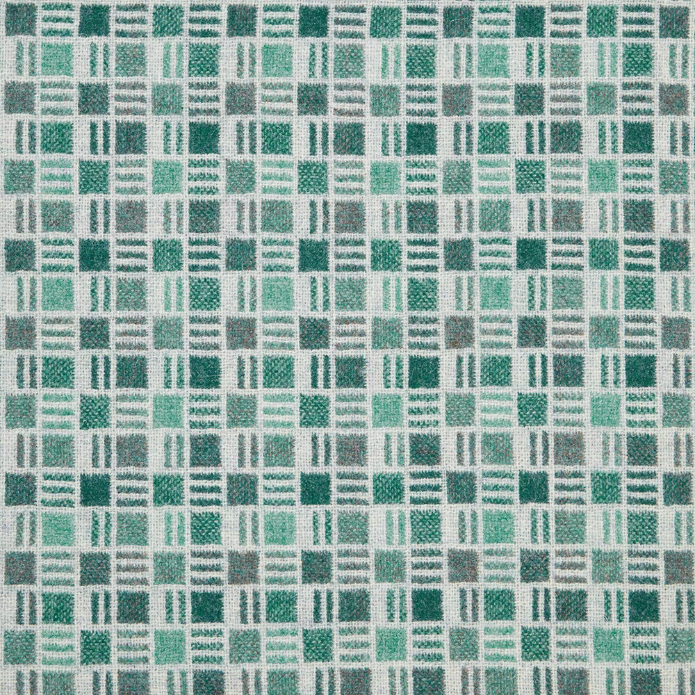 Muted teal geometric woven textile with cream grid, checks and striped motifs
