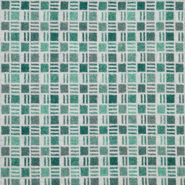 Muted teal geometric woven textile with cream grid, checks and striped motifs