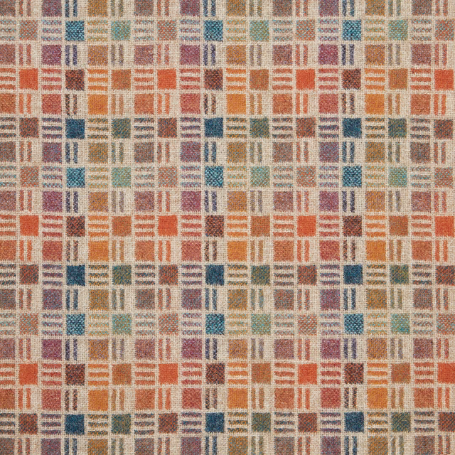 Warm terracotta geometric weave with cream, teal, sage and ochre blocks
