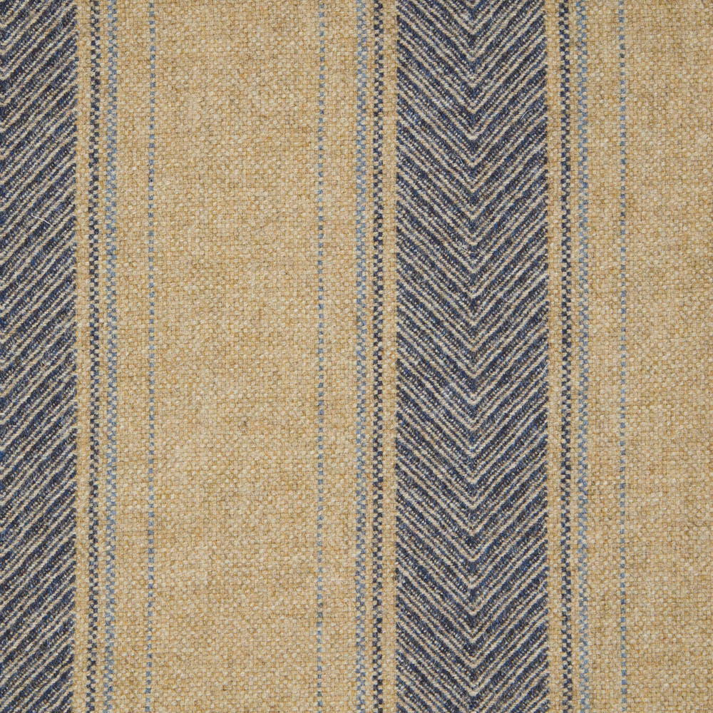 Natural beige woven textile with denim-blue pinstripes and a bold chevron band