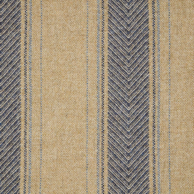 Natural beige woven textile with denim-blue pinstripes and a bold chevron band